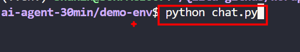 VSCode のターミナルで python chat.py コマンドを実行してチャットスクリプトを起動している