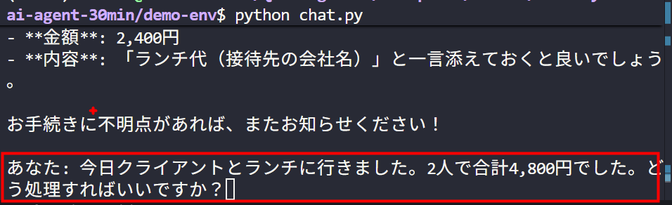 ユーザーが2回目の質問をしており、前の会話のコンテキスト（ランチ代の件）が引き継がれたまま別の経費について質問している
