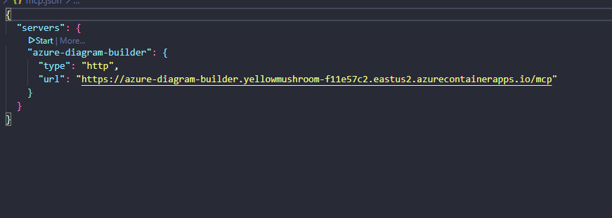 .vscode/mcp.json の設定画面—VS Code が Start リンクを表示