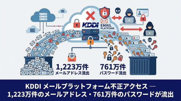 KDDI メールプラットフォーム不正アクセス — 1,223万件のメールアドレス・761万件のパスワードが流出