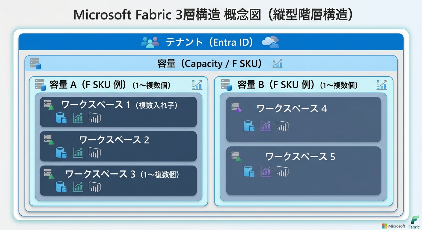 Microsoft Fabric の3層構造（テナント・容量・ワークスペース）