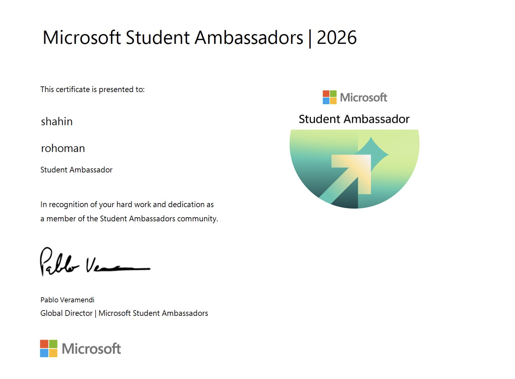 Microsoft Student Ambassadors 2026の認定証