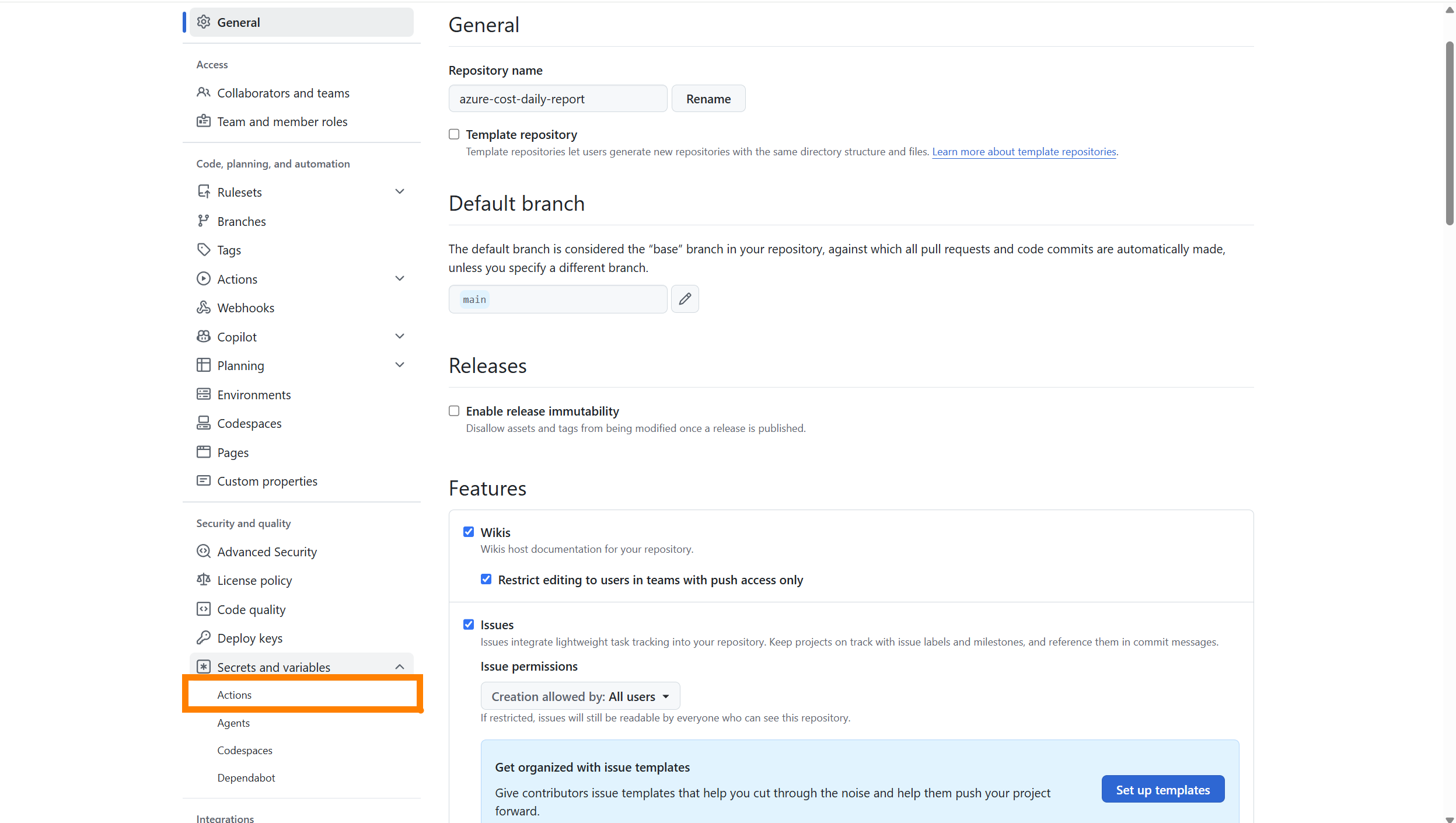 GitHub リポジトリ Settings からシークレット設定画面へ