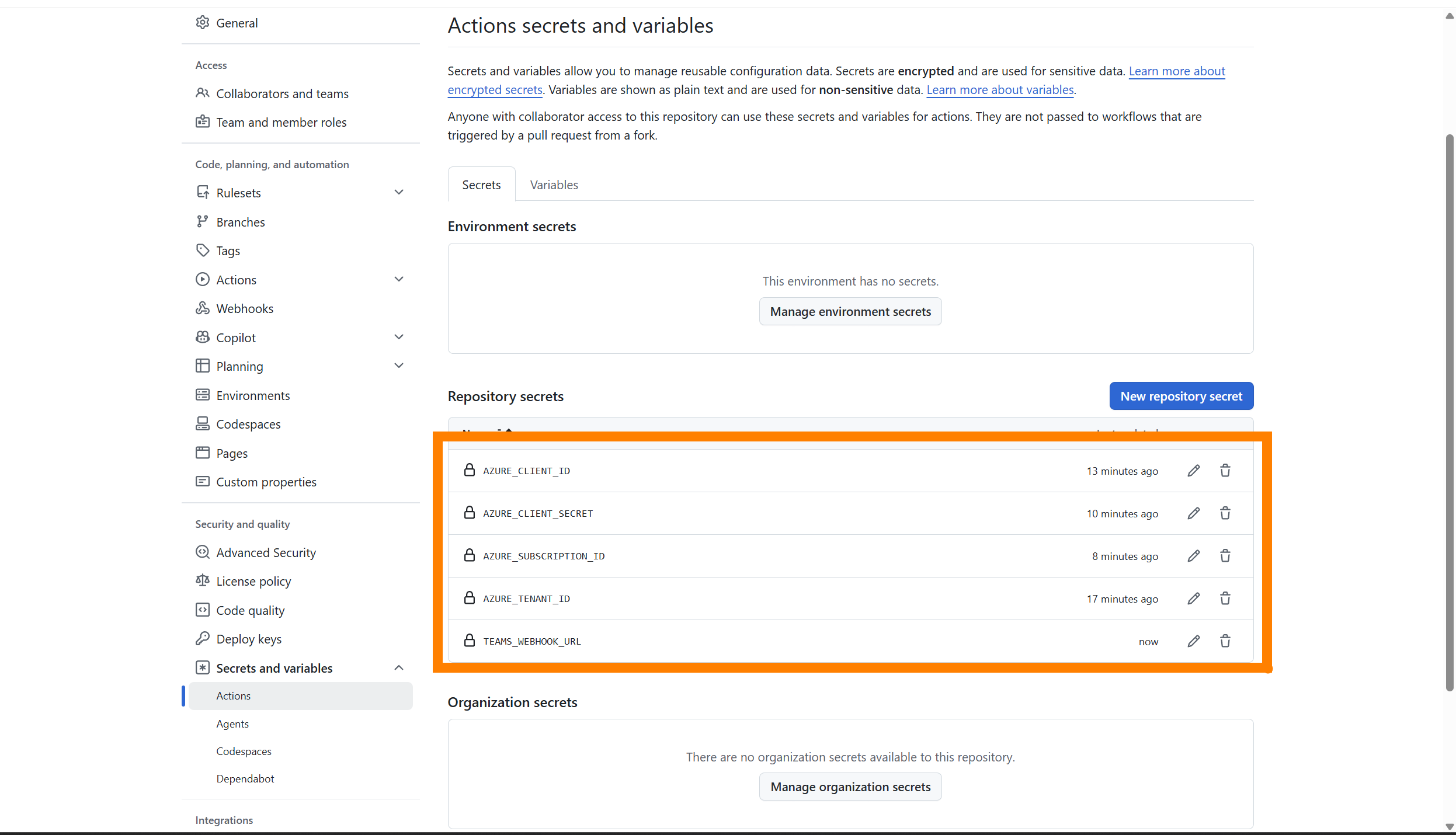 GitHub Actions シークレット 5 件が登録された状態