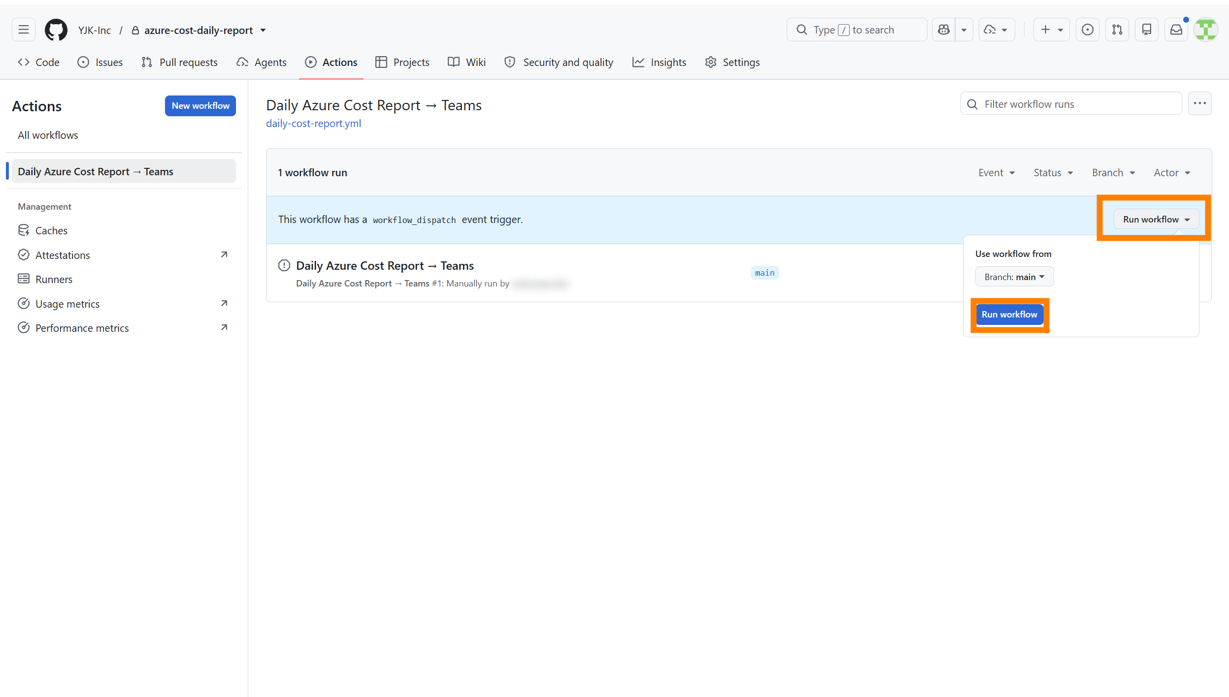「Run workflow」ボタンで手動実行