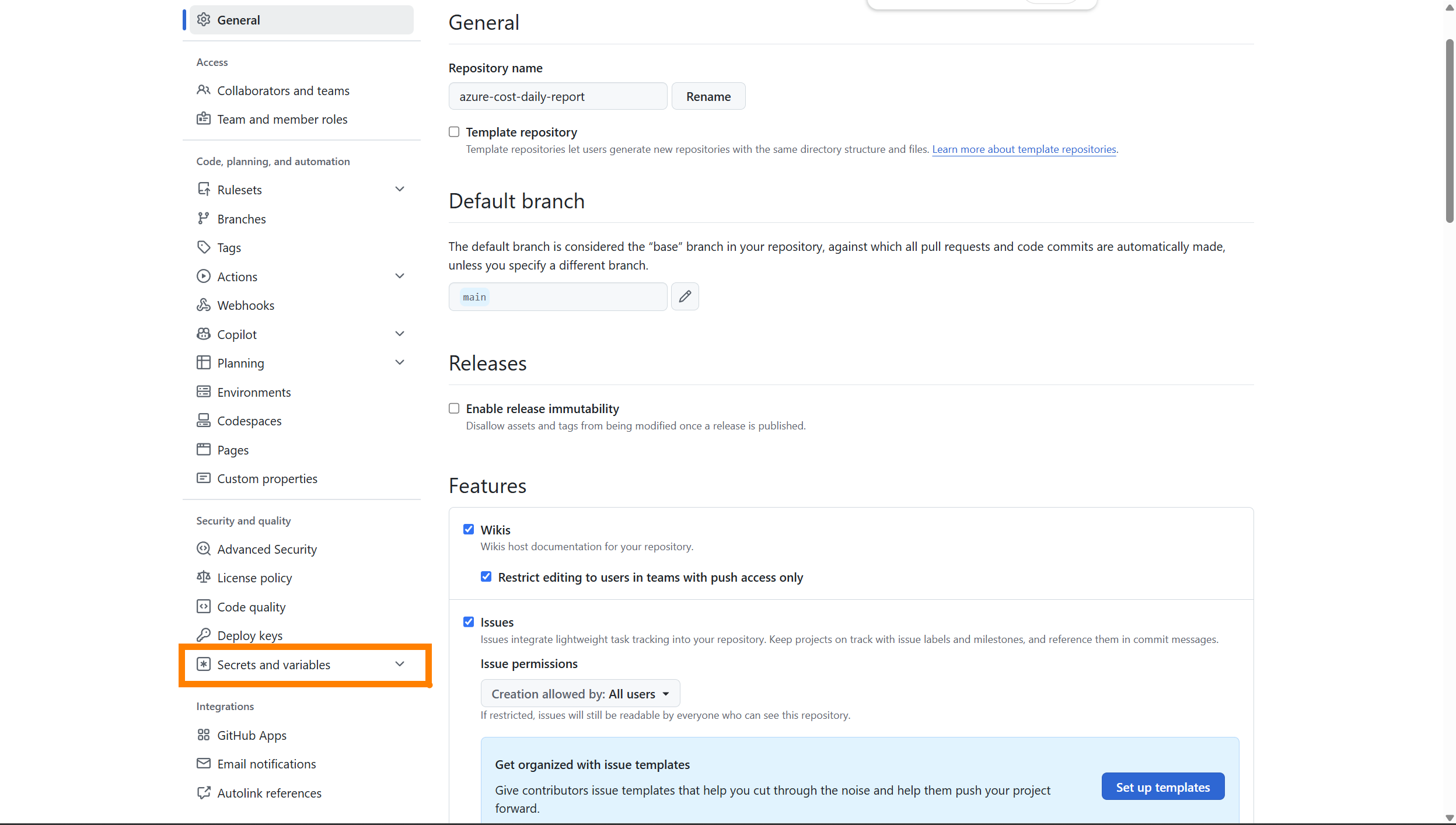 GitHub Settings サイドバーの「Secrets and variables」を展開