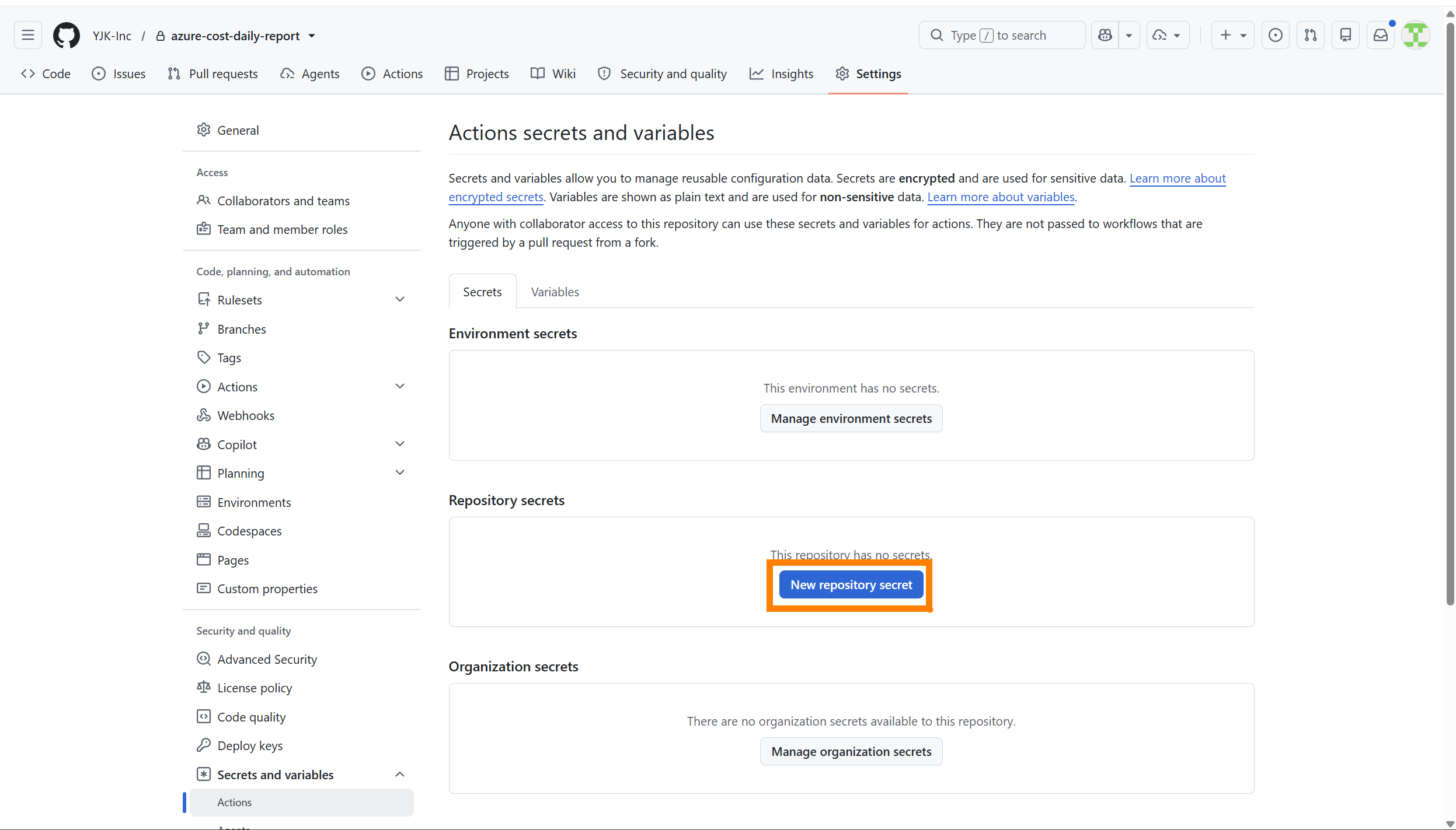 Actions シークレット管理画面（未登録状態）