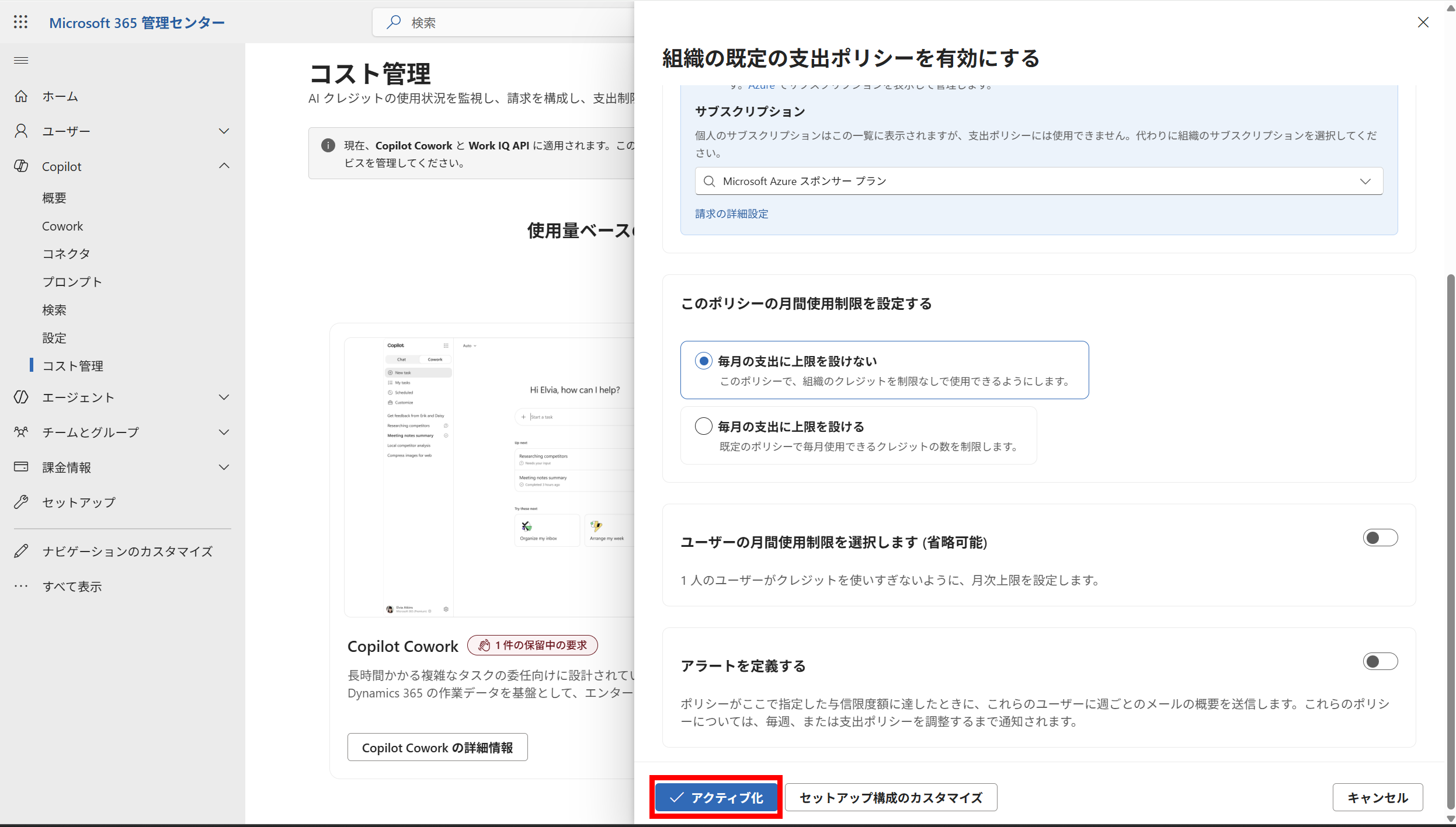 月間制限の設定とアクティブ化ボタン