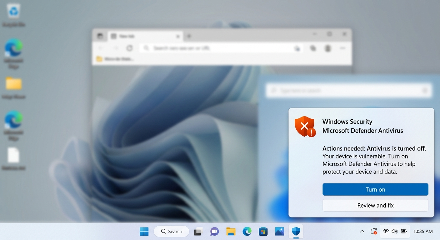 Microsoft Defender Antivirusが無効になっていると誤って表示される通知のイメージ