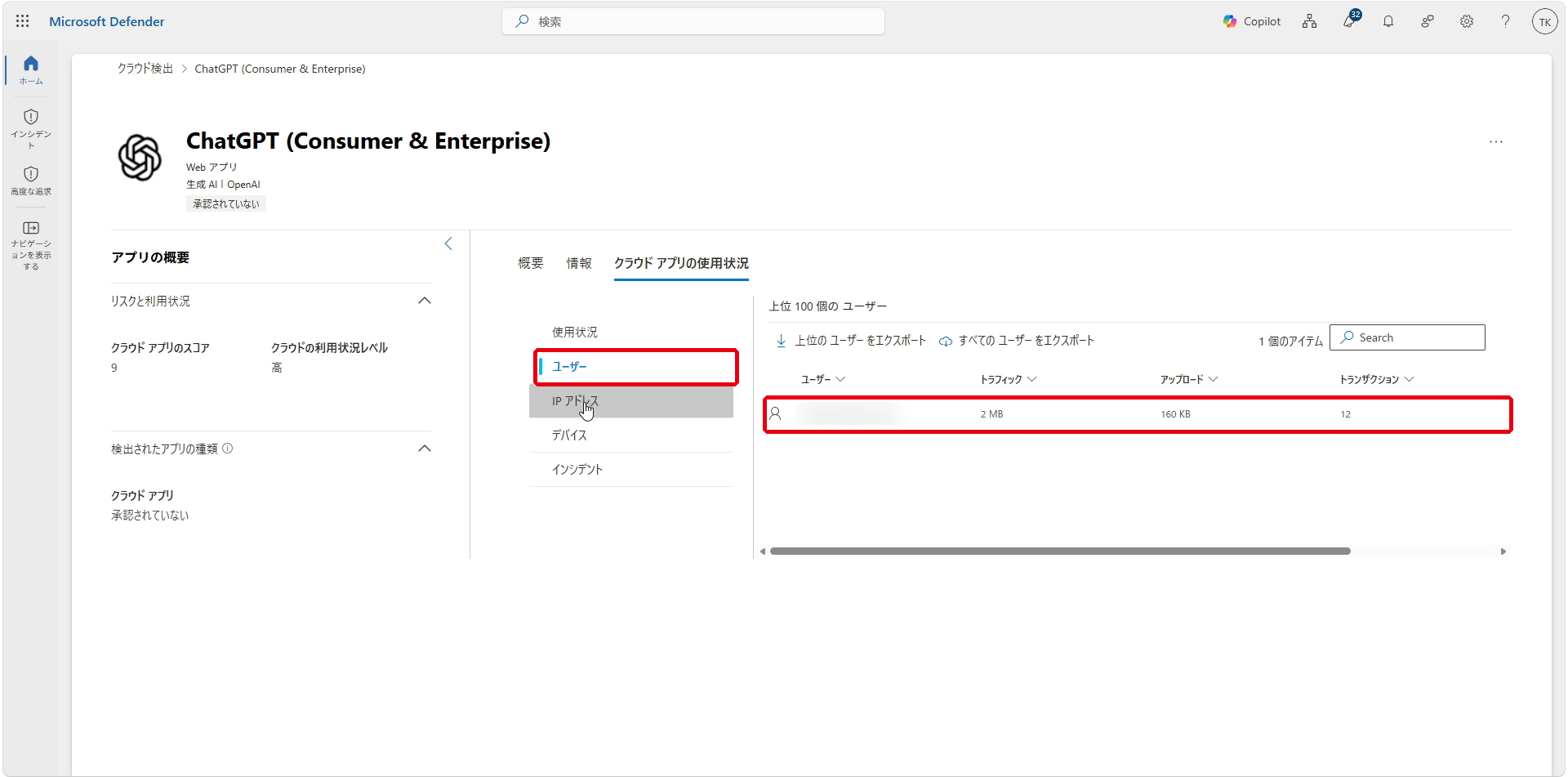 「クラウド アプリの使用状況」タブ:ChatGPT を使っているユーザー